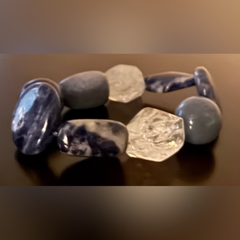 Elegant Blue Stone & Clear Quartz Stretch Bracelet Crystal Bracelet | Boho Luxe - Picture 4 of 4